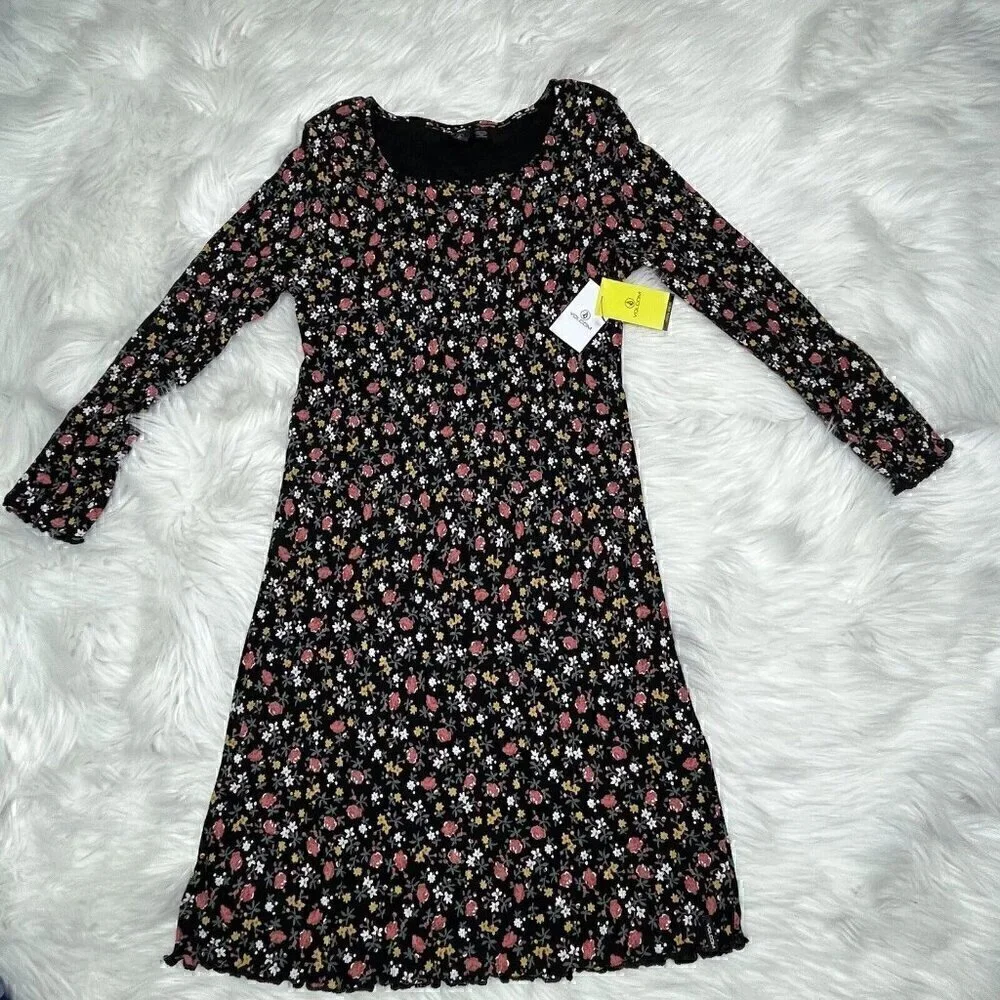 NEW VOLCOM Dress Eazy Focheezy Girls Size Large Floral Black Combo School Church